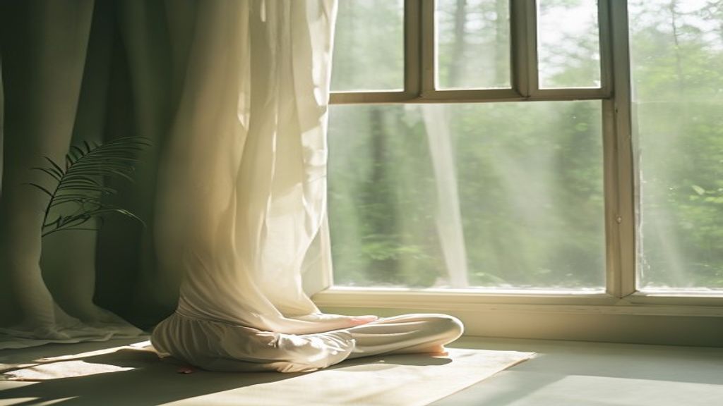 Peaceful meditation space with soft natural lighting and clear focal point for breath awareness