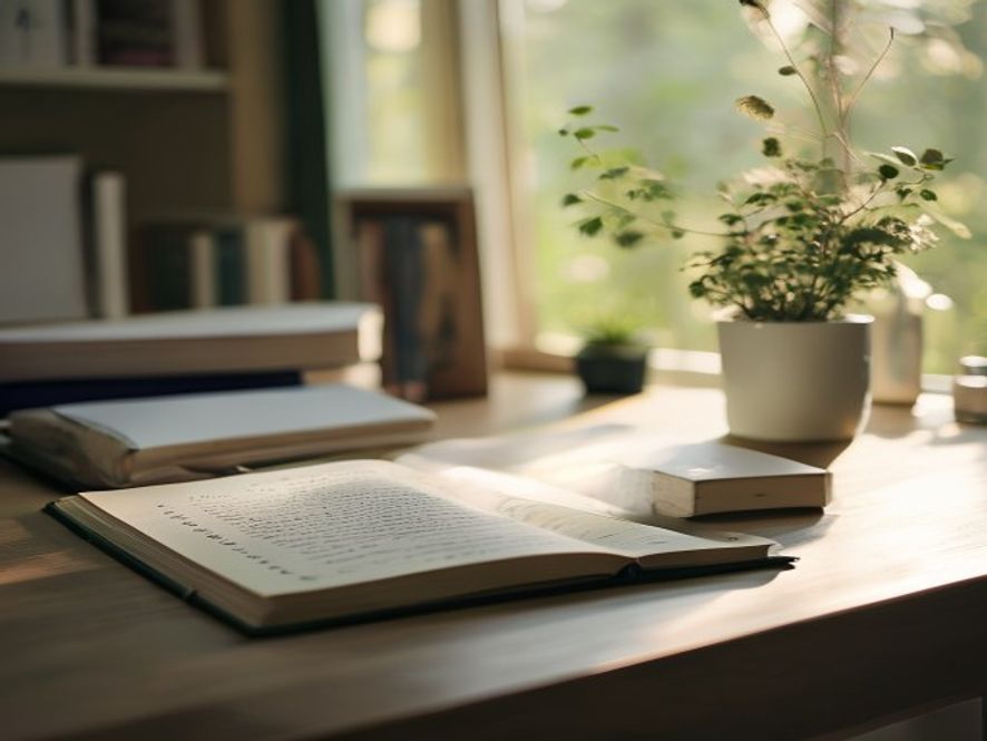 Research notebook and scientific materials on a clean desk in soft natural light